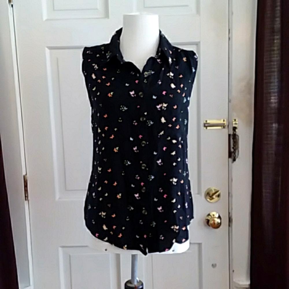 NWT Black Sleeveless Top with Multicolored Butterflies - Picture 1 of 7